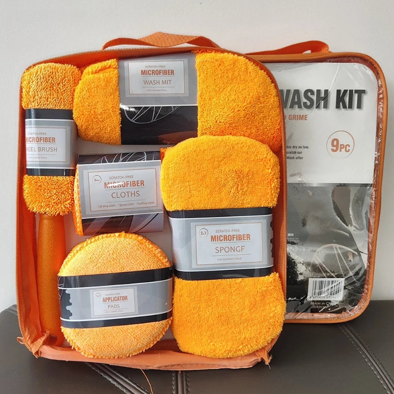Car Wash 9-piece Set, Car Towel Home Car Beauty Cleaning Gloves Towel Rag Waxing Sponge Wheel Hub Brush
