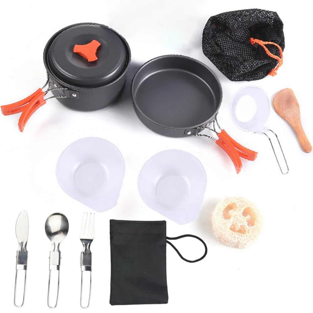 1.8L outdoor lightweight aluminum alloy mini cooking kit with non stick pot nested storage and portable design, easy to carry