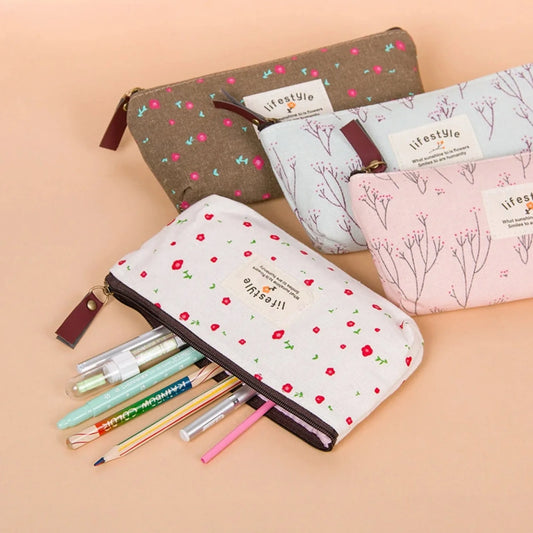 Cute Kawaii Floral Flower Canvas Zipper Pencil Cases Fabric Flower Tree Pen Bags School Supplies