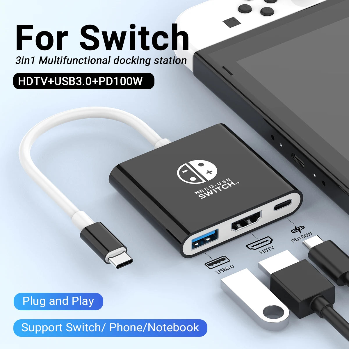 3 In 1 USB C HUB Type C to HDMI 4K with PD 100W Fast Charging USB 3.0 Docking Station for Switch MacBook Laptop Computer Phone
