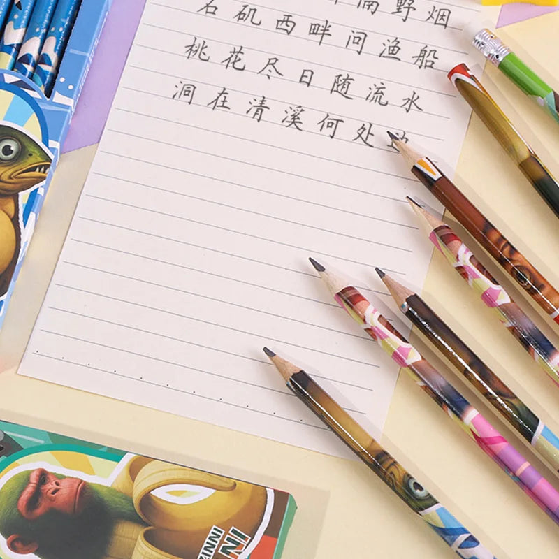 12pcs/box Foreign Shan Hai Jing Series HB Pencil with Eraser Pencil Wooden Stick Human Fusion Monster Pencil for back to school