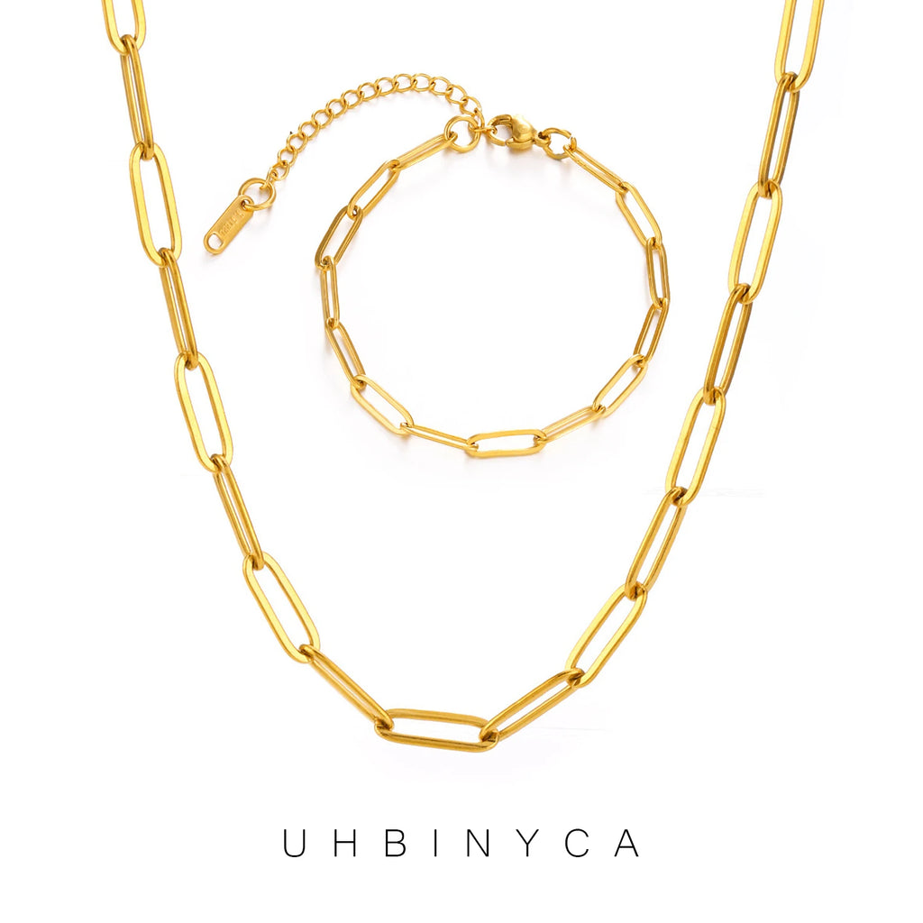 Minimalist Gold Color Chain Necklace for Women Waterproof Stainless Steel Chunky Paperclip Bracelet Hip Rock Jewelry Gift
