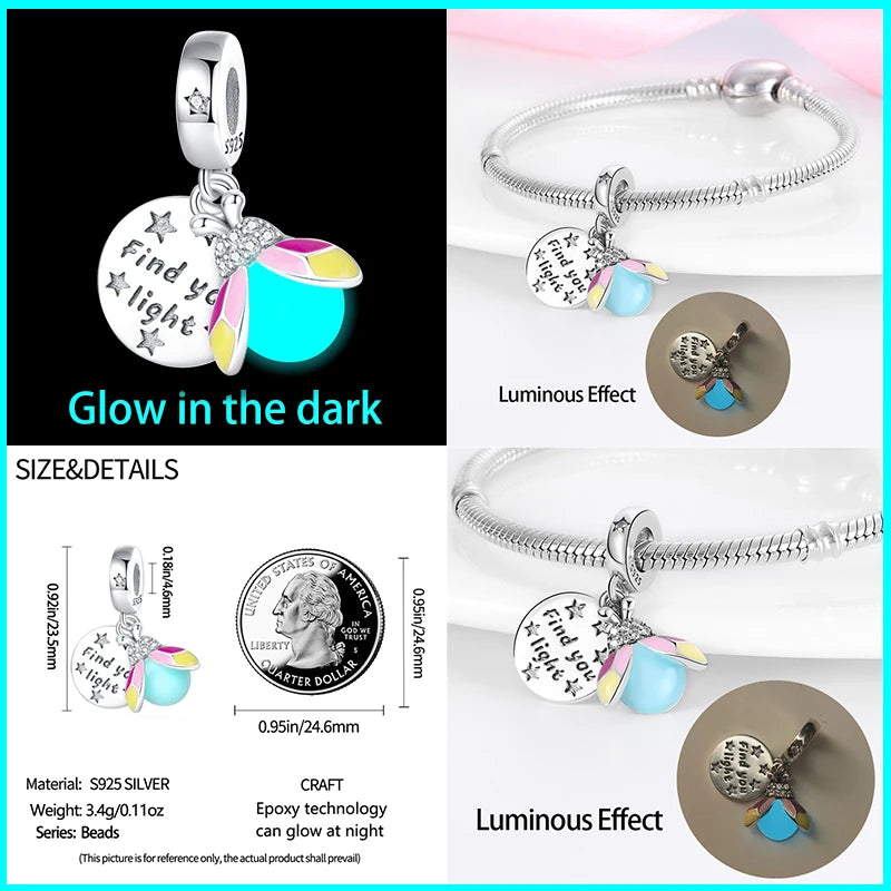 Hot Sale 925 Silver Glow in the dark Firefly Honeybee Star Charms Beads Fit Qikaola 925 Original Bracelets Fine DIY Jewelry Gift