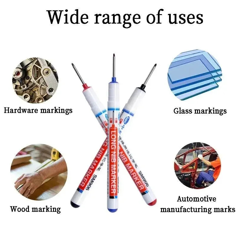 12 Long Nib Markers - Multi-Purpose Red and Black 20mm Deep Hole Markers for Woodworking, DIY Projects and Bathroom Decor
