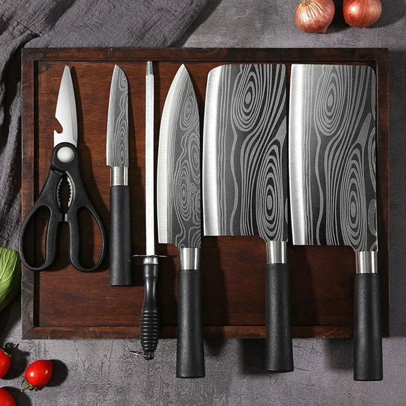 Utility Stainless Steel Sharp Slicing Chef Knife Kitchen Knives Scissors Sharpening Rod Set Laser Damascus Pattern Cooking Tool