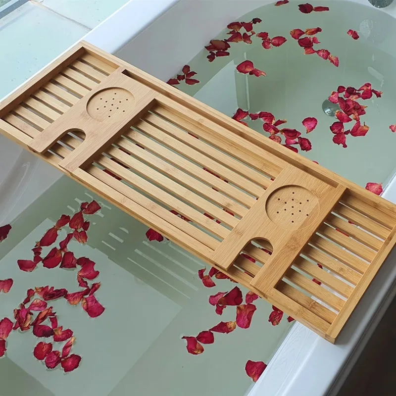Minimalist Bamboo Bathtub Rack Simple Wooden Bath Shelf Storage Tray Tub Caddy for Guesthouse Soaking Essentials