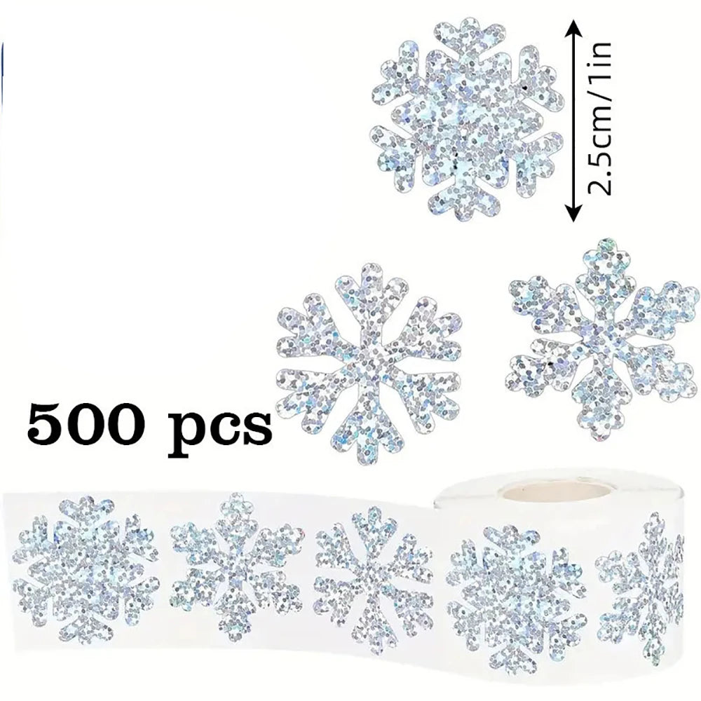 500pcs/Roll Golden Snowflake Christmas Stickers Transparent Self-Adhesive Decoration Holiday DIY Crafts Scrapbooking Supplies