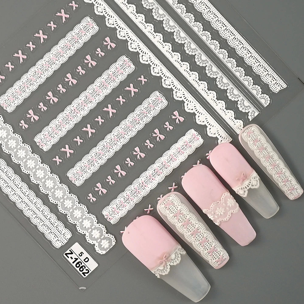 Sweet Pink Bowknot Black Lace Heart Nail Stickers 3D Self Adhesive Nail Art Stickers Manicure Decorations Decals