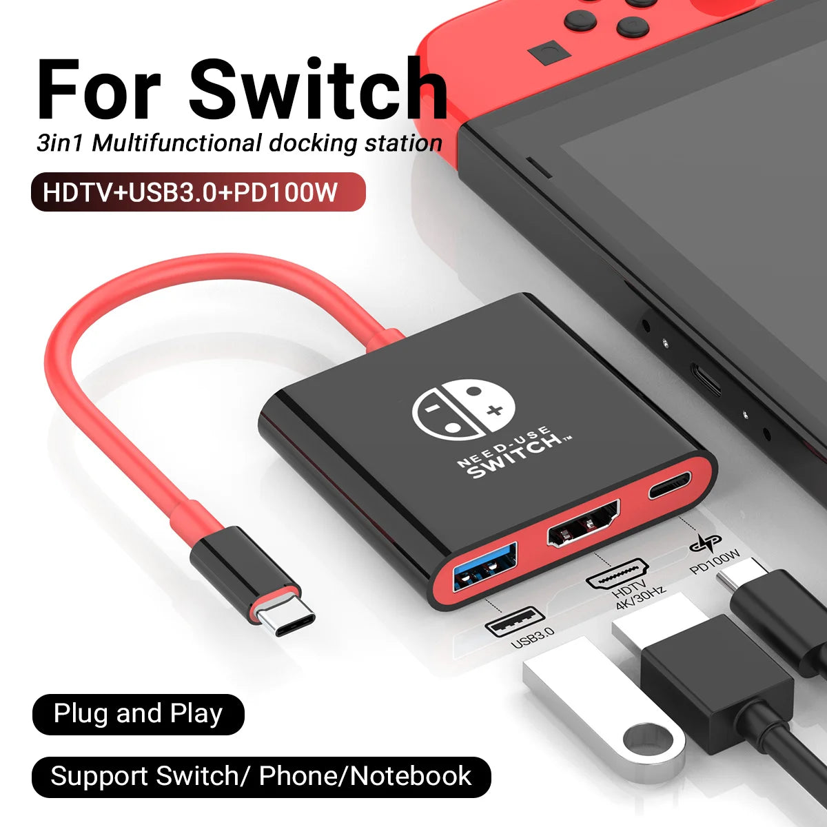 3 In 1 USB C HUB Type C to HDMI 4K with PD 100W Fast Charging USB 3.0 Docking Station for Switch MacBook Laptop Computer Phone