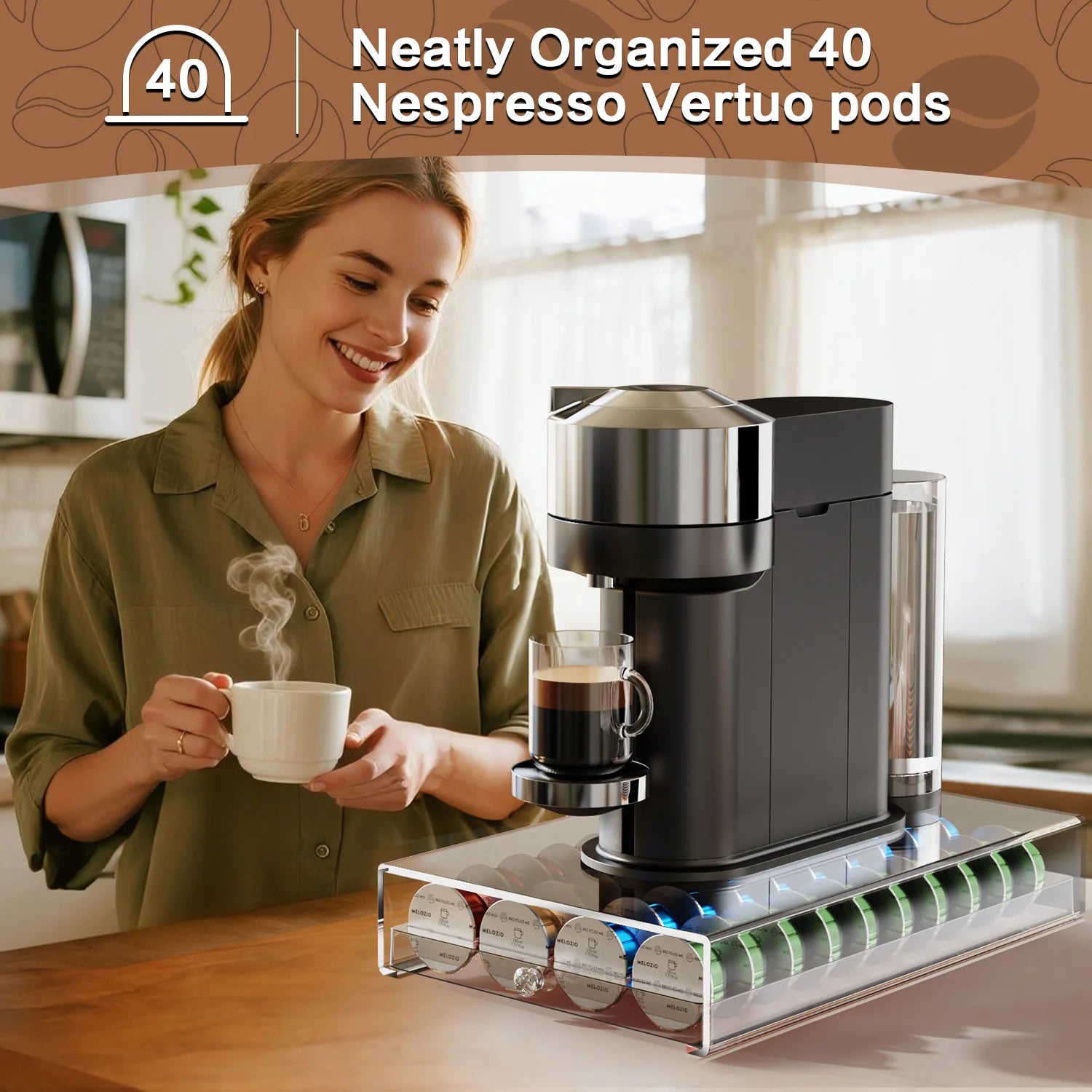 Coffee Pods Holder Acrylic Drawer Compatible with Nespresso Vertuo Capsules 40 Pods Storage Organizer Plastic Material Drawer