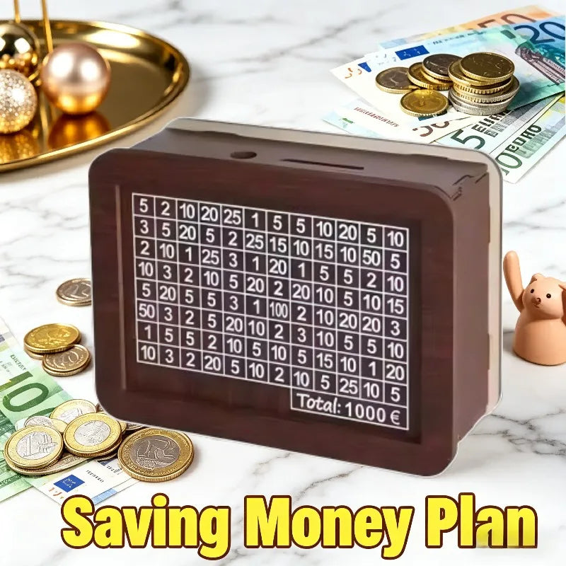Euro Saving Money Box Piggy Bank Cash Wooden Savings Challenge Box with Money Target Numbers Tirelire Alcancia Spaarpot