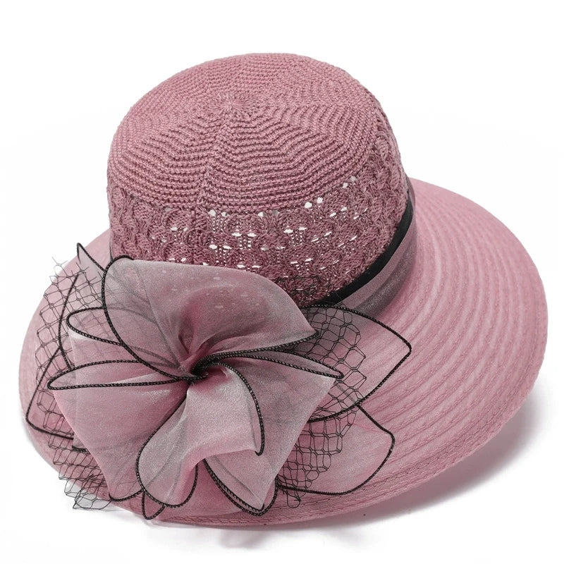 European & American Elegant Knitted Hats Solid Color Big Brim Sun Hat Women Outdoor UV Protection Bucket Hats for Mom