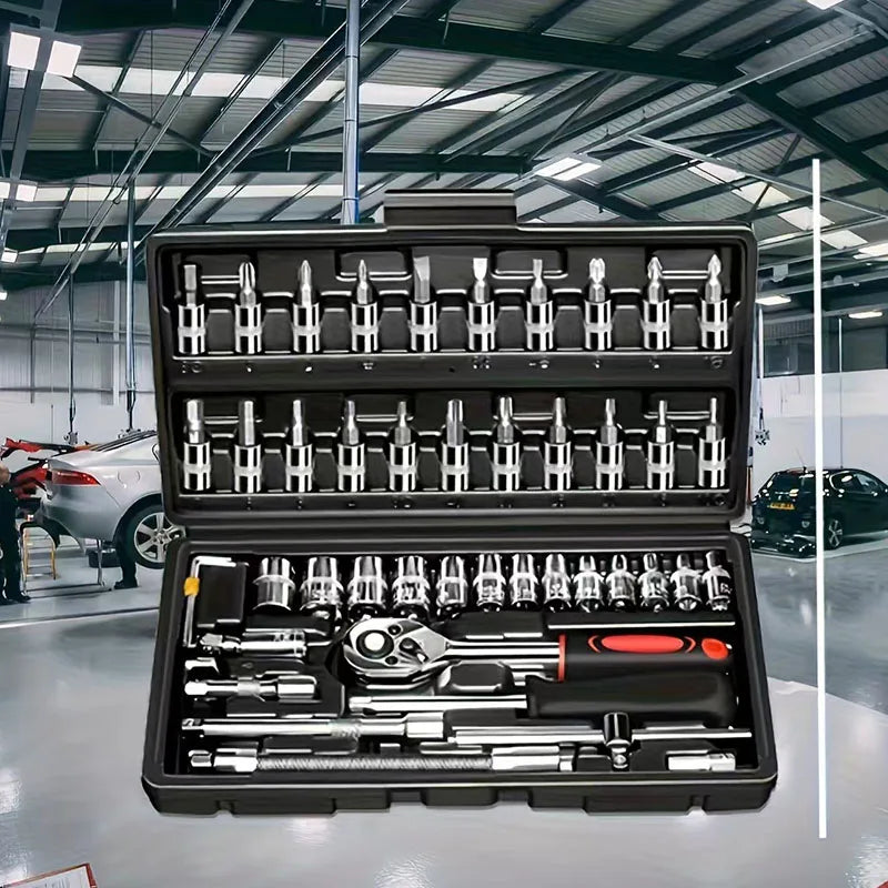 216/46 sets of mechanical tool sets, including 1/2", 1/4" and 3/8" drive SAE and metric sizes, ratchet wrench, multi-function sc