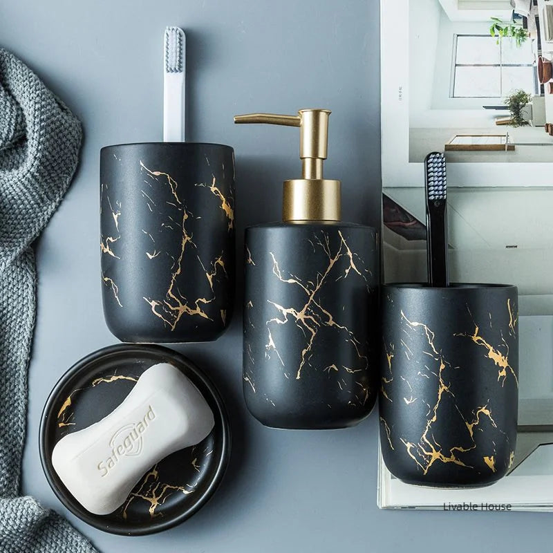 Marble Soap Dispenser Pump Bottle Ceramic Bathroom Accessory Set  Home Couple Mouthwash Cup Soap Dish Washing Tools Luxury