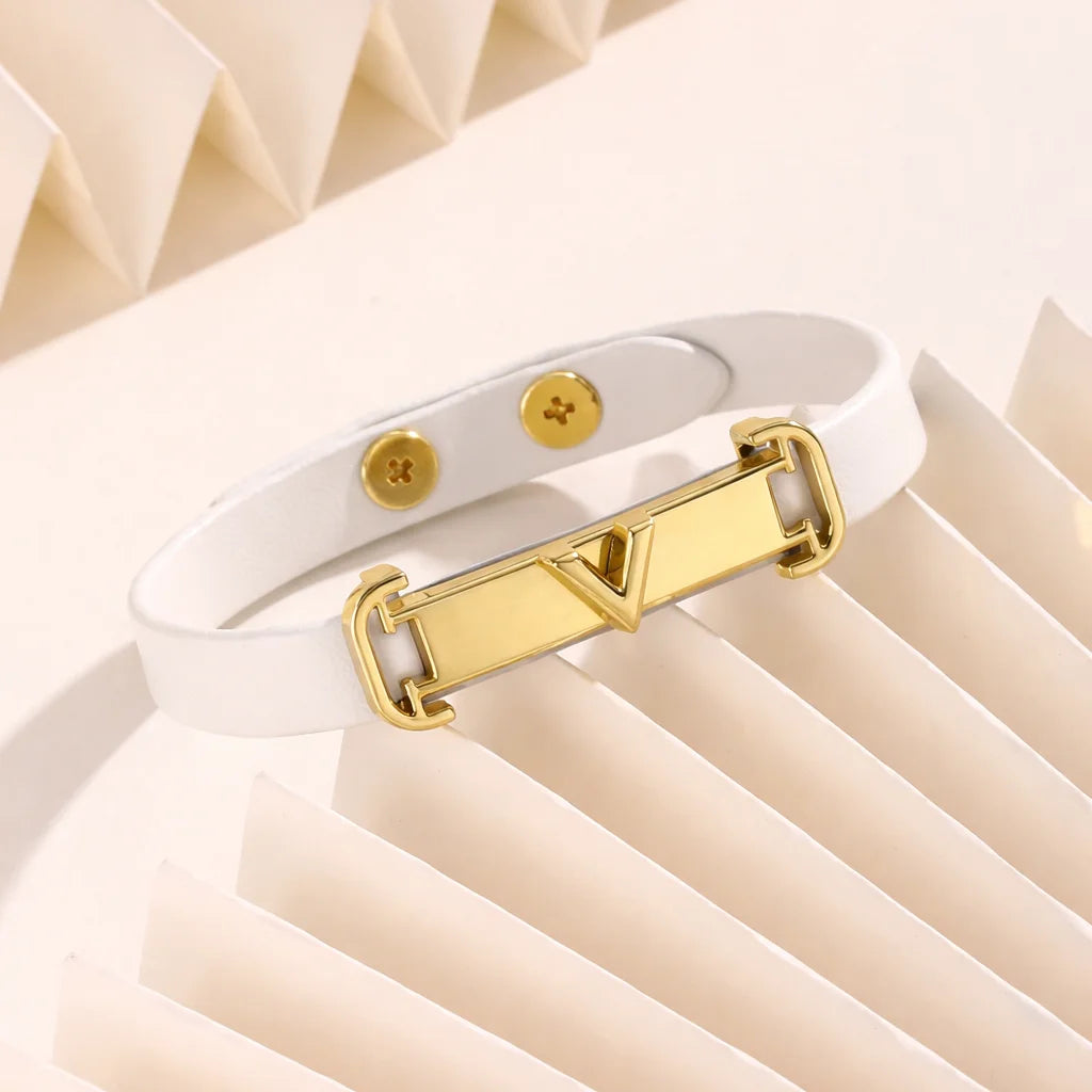 Minimal Geometric Leather Bracelet with Gold-Tone Metal Clasp Adjustable Fashion Wristband for Women Simple Design  Daily Wear