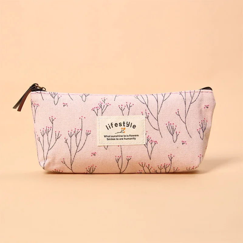 Cute Kawaii Floral Flower Canvas Zipper Pencil Cases Fabric Flower Tree Pen Bags School Supplies