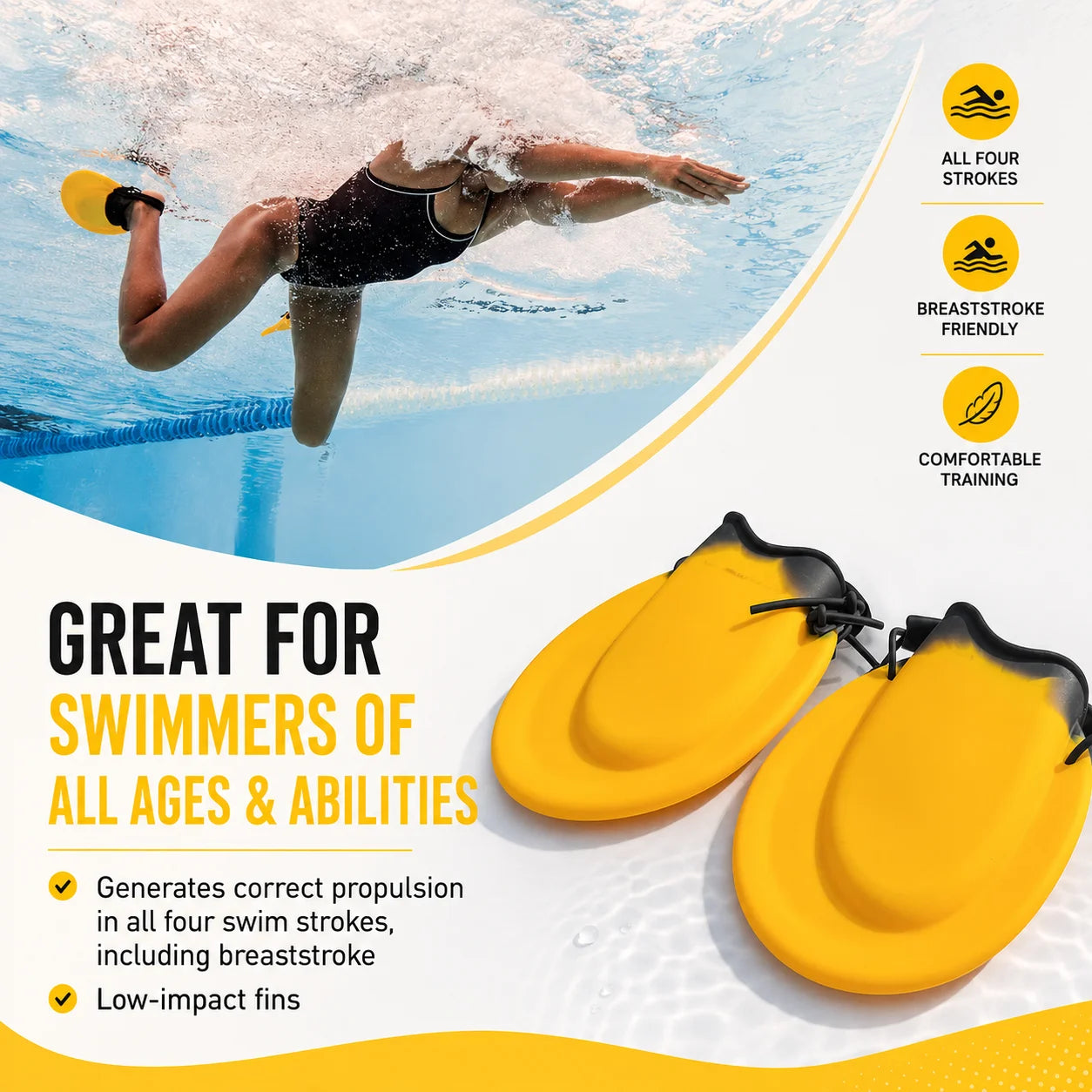 Swim Training Fins for All Strokes Ergonomic Fit Adjustable Heel Strap Comfortable Swimming Gear