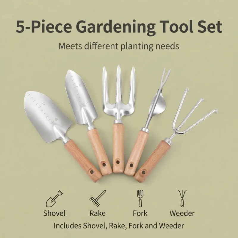 Gardening Tools Set, 5-Piece Home Plant Care Kit with Trowel, Weeder, Cultivator, Pruner, Gloves for Soil Loosening, Flower