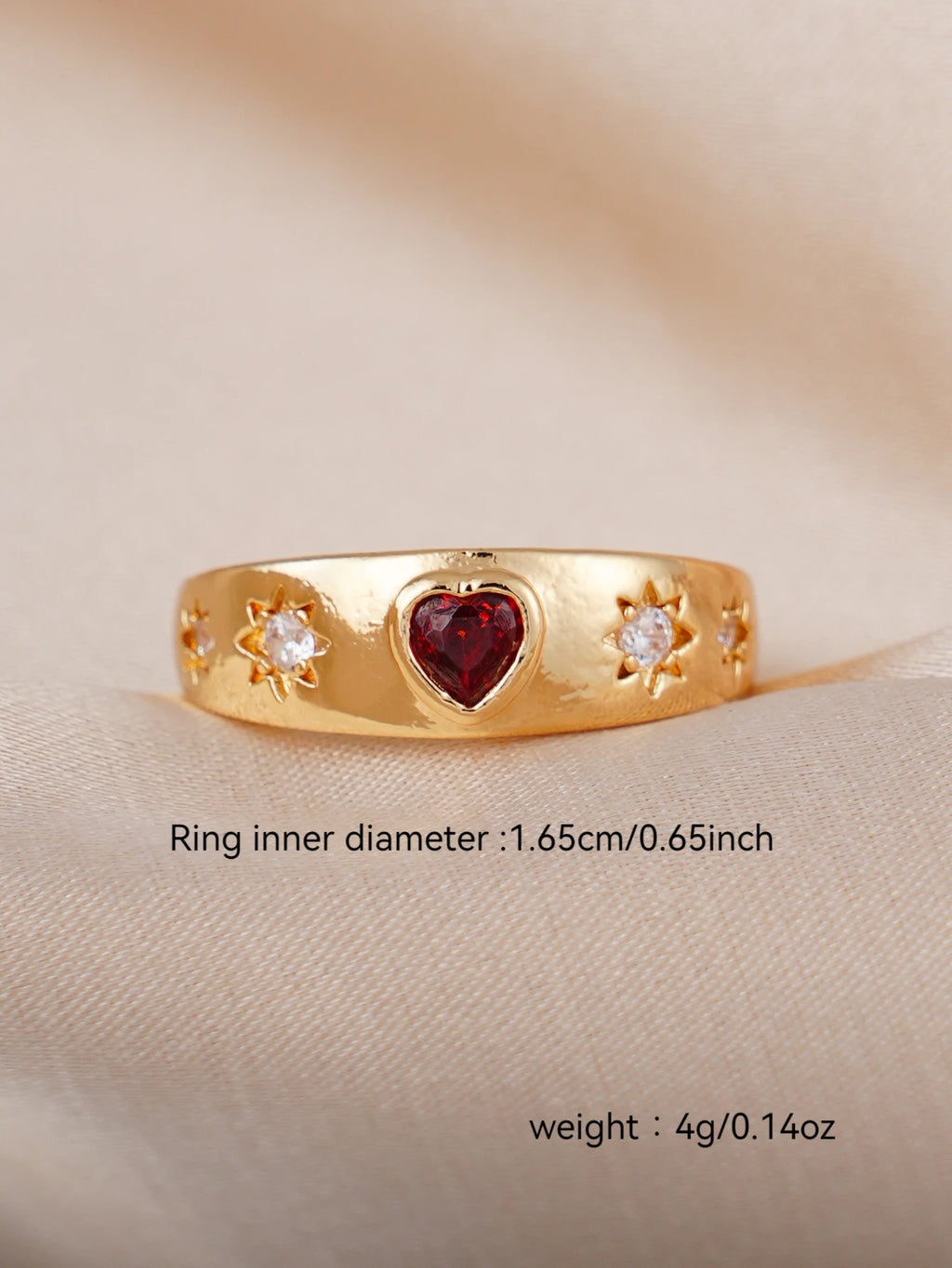 Red CZ Heart Signet Ring Starburst Design Dainty Women's Promise Ring Trendy Everyday Jewelry