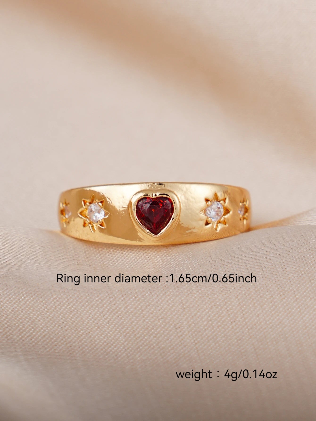 Red CZ Heart Signet Ring Starburst Design Dainty Women's Promise Ring Trendy Everyday Jewelry