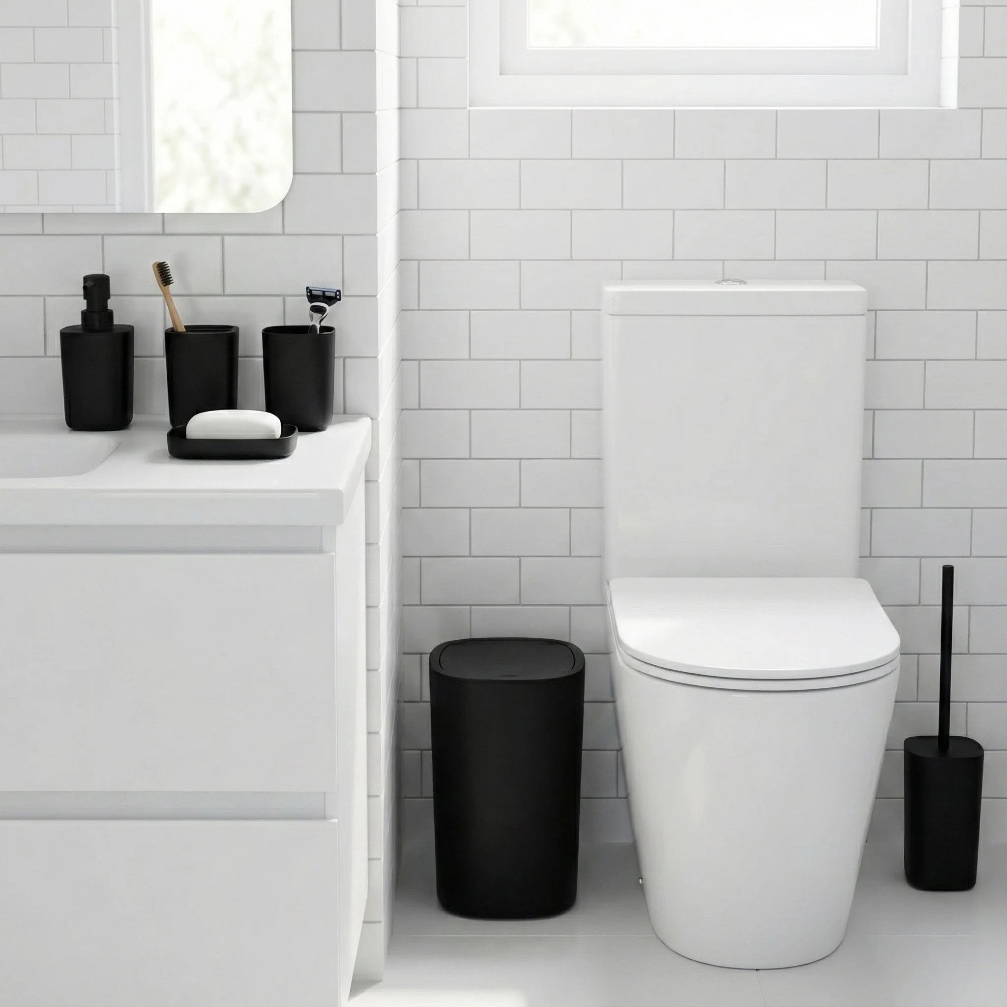 6pcs Bathroom Accessories Set, Bathroom Vanity Sets with Toilet Brush, Trash Can, Tumbler, Soap Dish, Toothbrush Holder