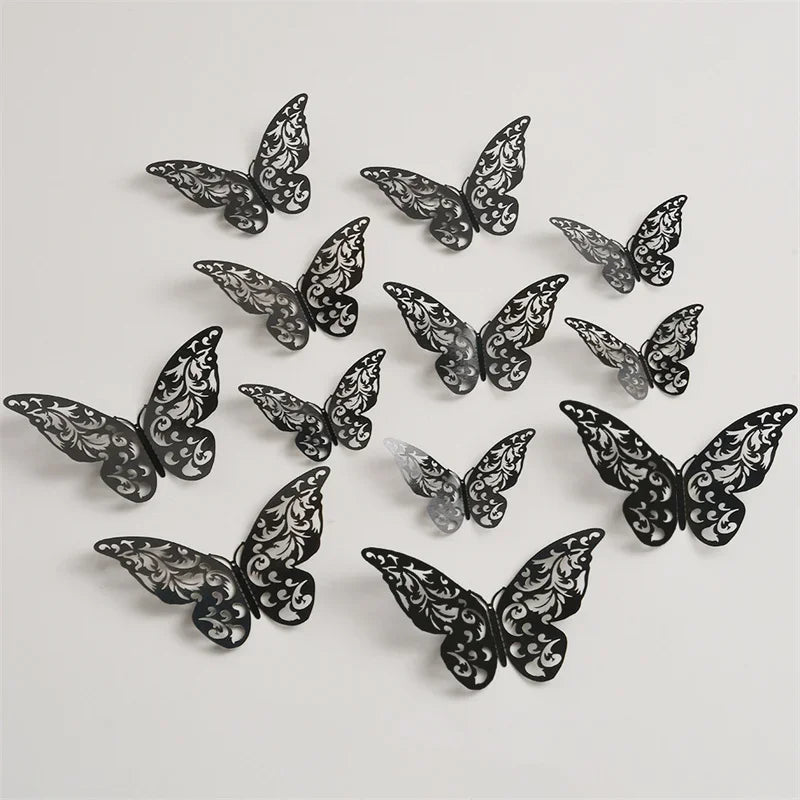 12Pcs Butterfly Decoration Wall Stickers Black Red Pink Blue Hollow 3D Butterflies Kids Room Home Cake Wedding Party Decoration