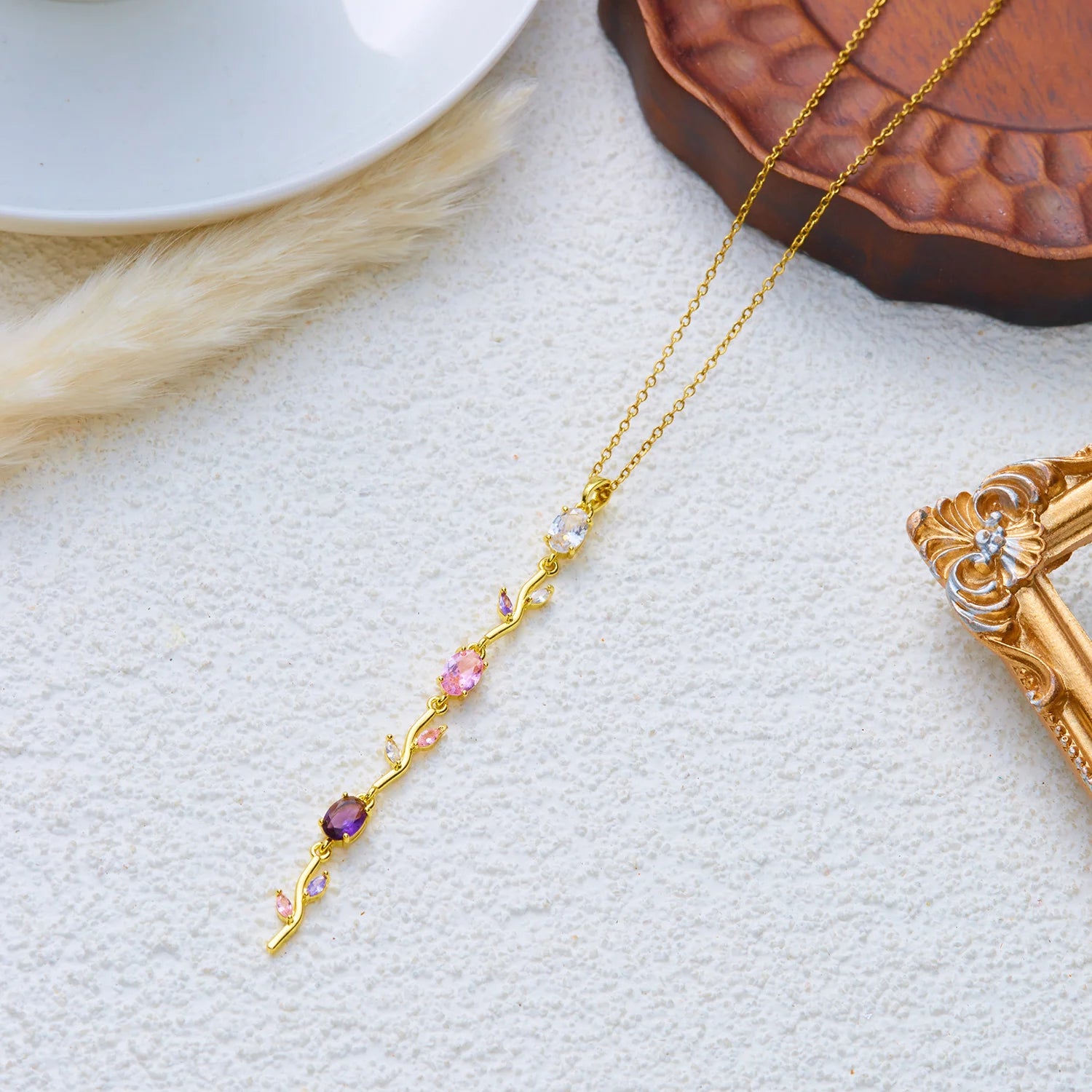 Minimalist Gold Color Tone Vine Lariat Necklace for Women Multicolor Crystal Long Pendant Chain Daily Party Gift Accessories