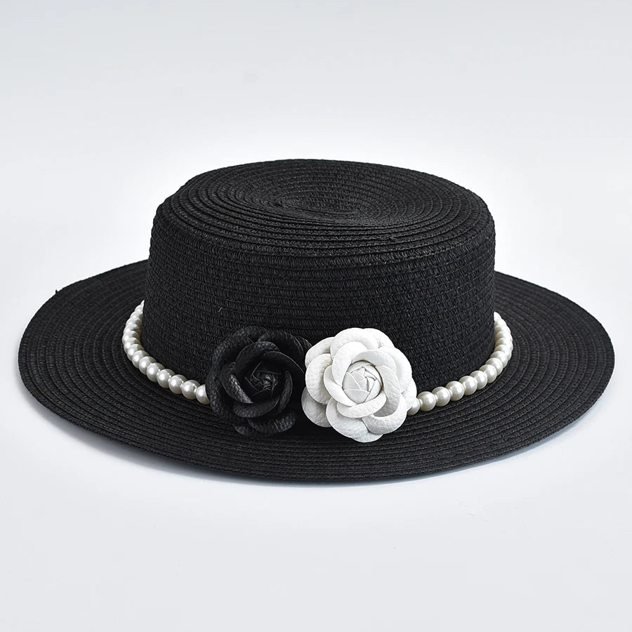 Straw Hats for Women French Style Elegant Holidays Boater Hat Summer Flat Top Beach Sun Hats Gorro