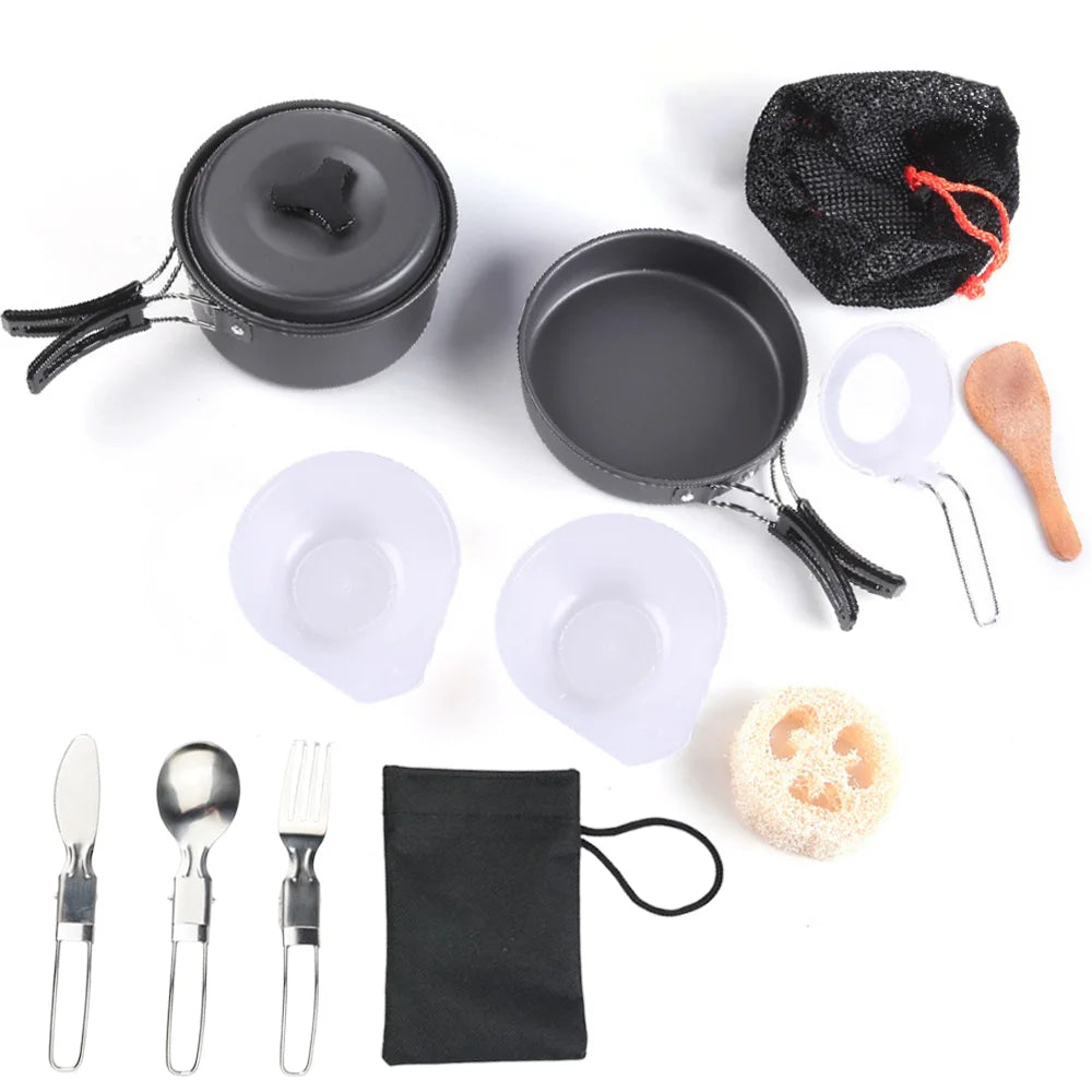 1.8L outdoor lightweight aluminum alloy mini cooking kit with non stick pot nested storage and portable design, easy to carry