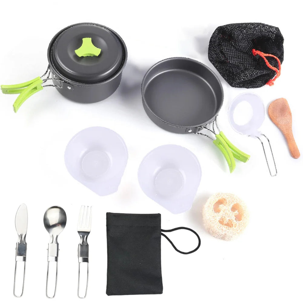 1.8L outdoor lightweight aluminum alloy mini cooking kit with non stick pot nested storage and portable design, easy to carry
