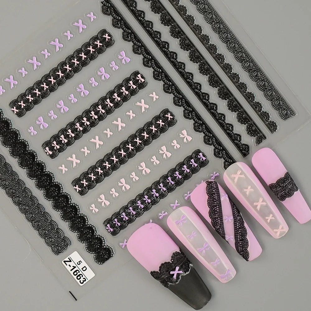 Sweet Pink Bowknot Black Lace Heart Nail Stickers 3D Self Adhesive Nail Art Stickers Manicure Decorations Decals