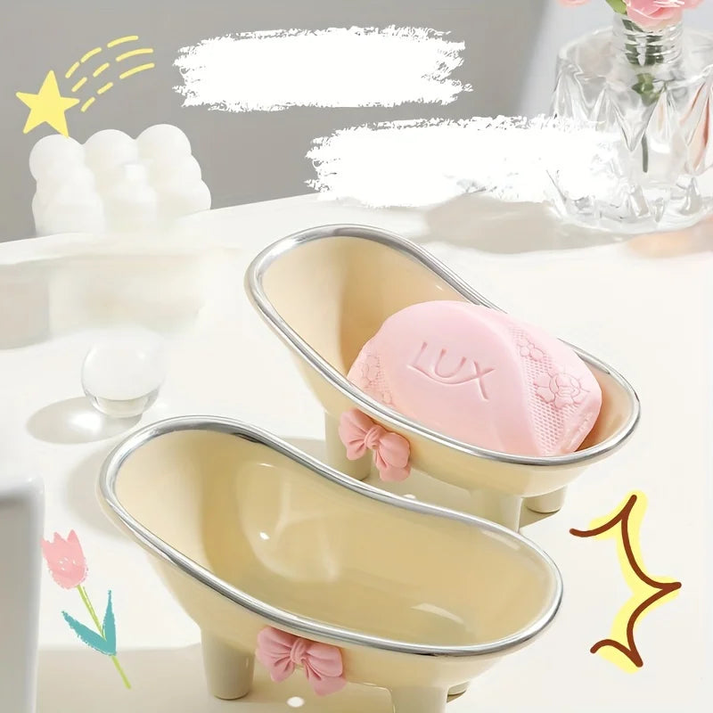 1pc Mini Bathtub-Shaped Soap Dish Charming Bathroom Accessory with Decorative Pink Bow