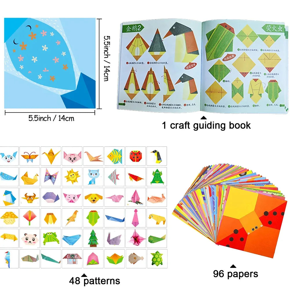 Color Origami Paper Set 12/96 Sheets DIY Handmade Craft Paper with Instruction Book for Children Boys Girls Gift