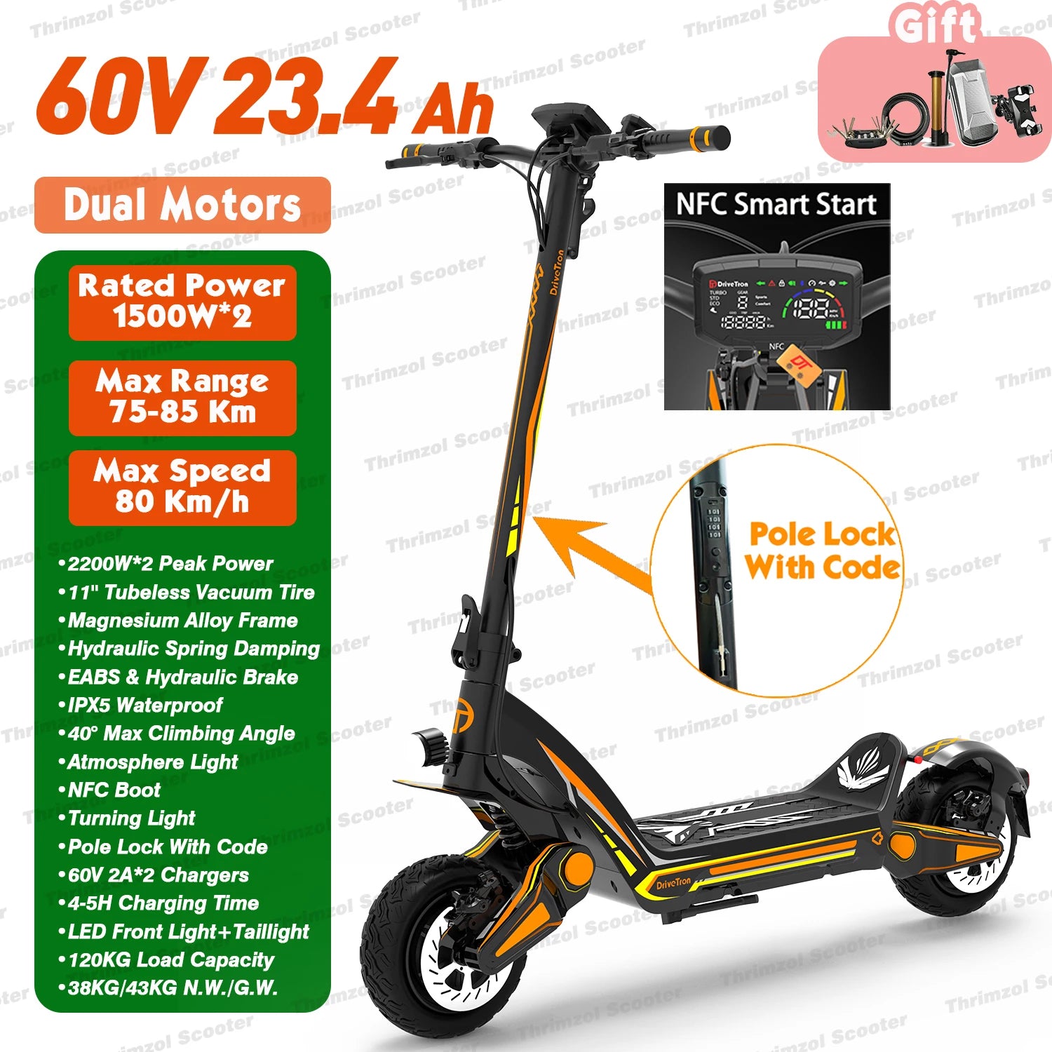 Dropshipping Dual Motor Electric Scooters For Adult 11" Tire 1500W*2 60V23.4Ah Urban Glide Pole Lock 80 km/h Folding E Scooter