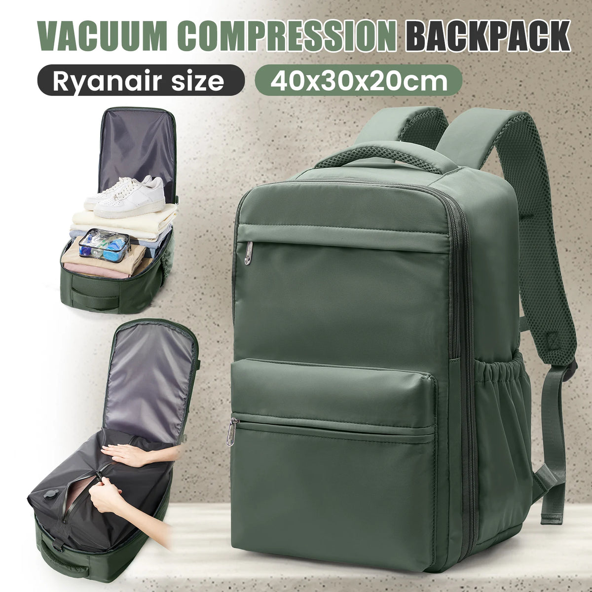 Ryanair 40x30x20 Travel Backpack Vacuum Compression Backpack with Pump,  Wizzair Cabin Bag 15.6" Laptop Travel Bag，Storage Bag