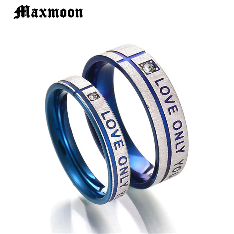 Maxmoon Couple Wedding Band Ring Stainless Steel CZ Stone Anniversary Engagement Promise Ring for Women Men