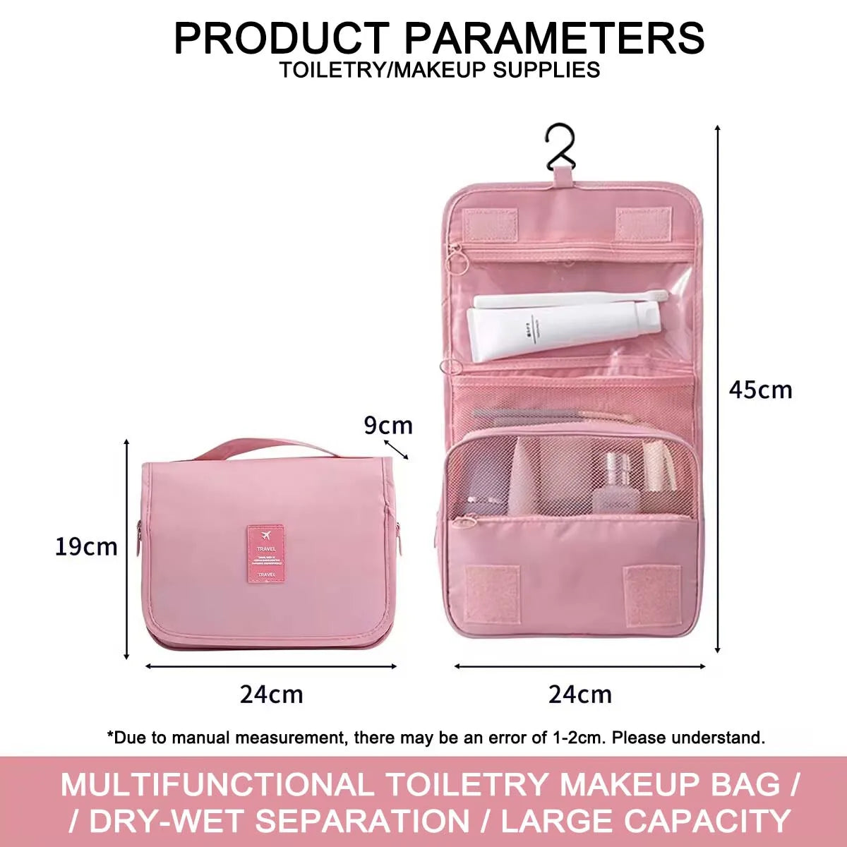 Premium Waterproof Travel Makeup Bag for Women – Hanging Toiletry Organizer with Hook, Spacious Bathroom Wash Pouch & Dry-Wet Se