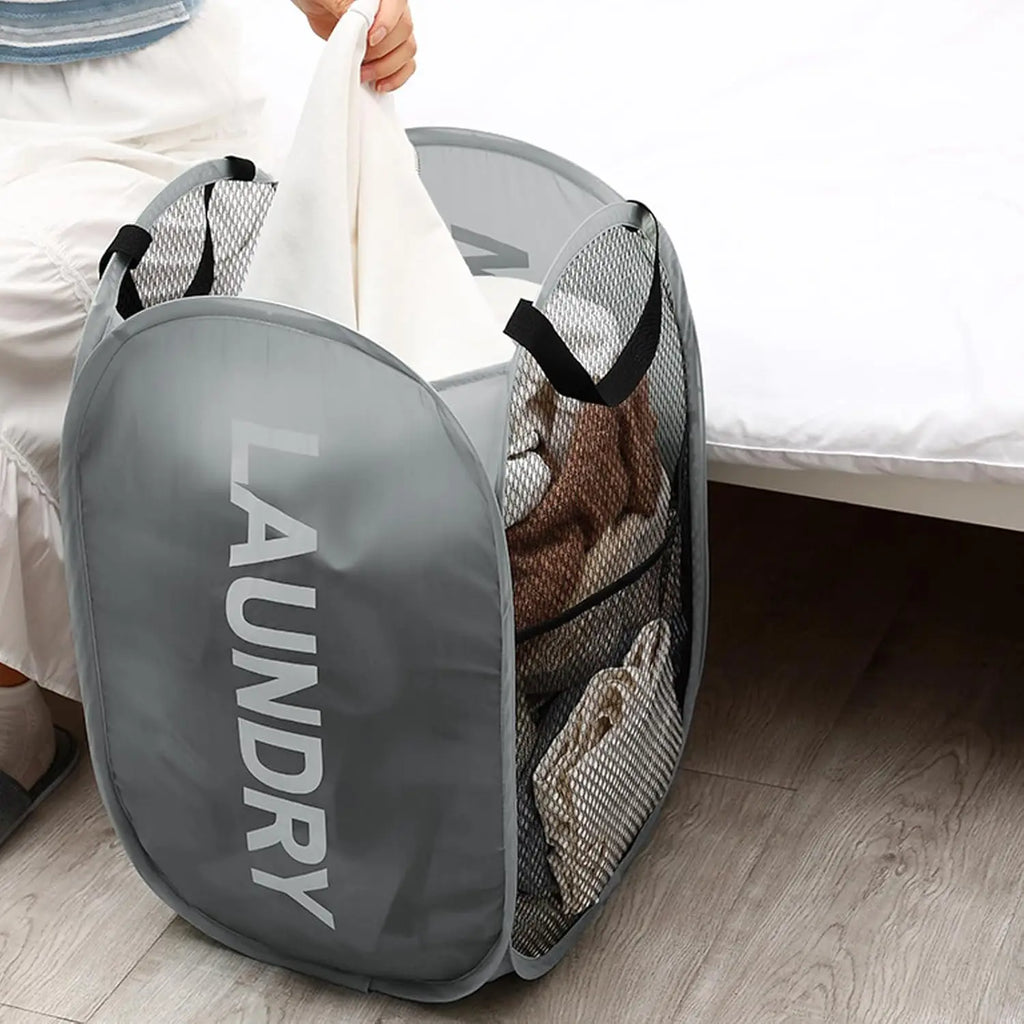 Collapsible Mesh Pop Up Laundry Basket Foldable Space-Saving Storage Basket Portable Dirty Clothes Organizer for Laundry Room