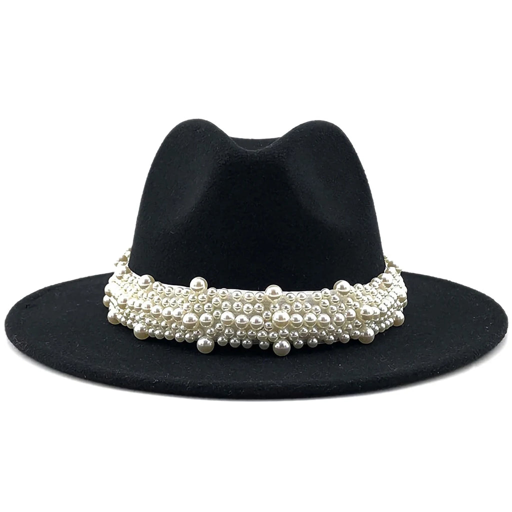 Fedora Hats for Women Wool Felt Panama Hat with Pearl Band Wide Brim Felt Hat Classic Trilby Jazz Hat Church Hats Women Elegant
