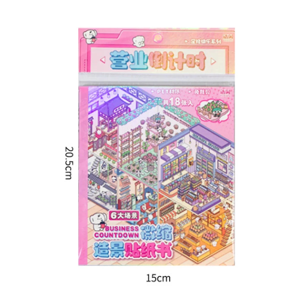 6Sences in 1 Book 2.5D Landscape Sticker Cartoon Cabin Scene DIY Sticker Stacking Pasting Festival Birthday Gift for Kid Child