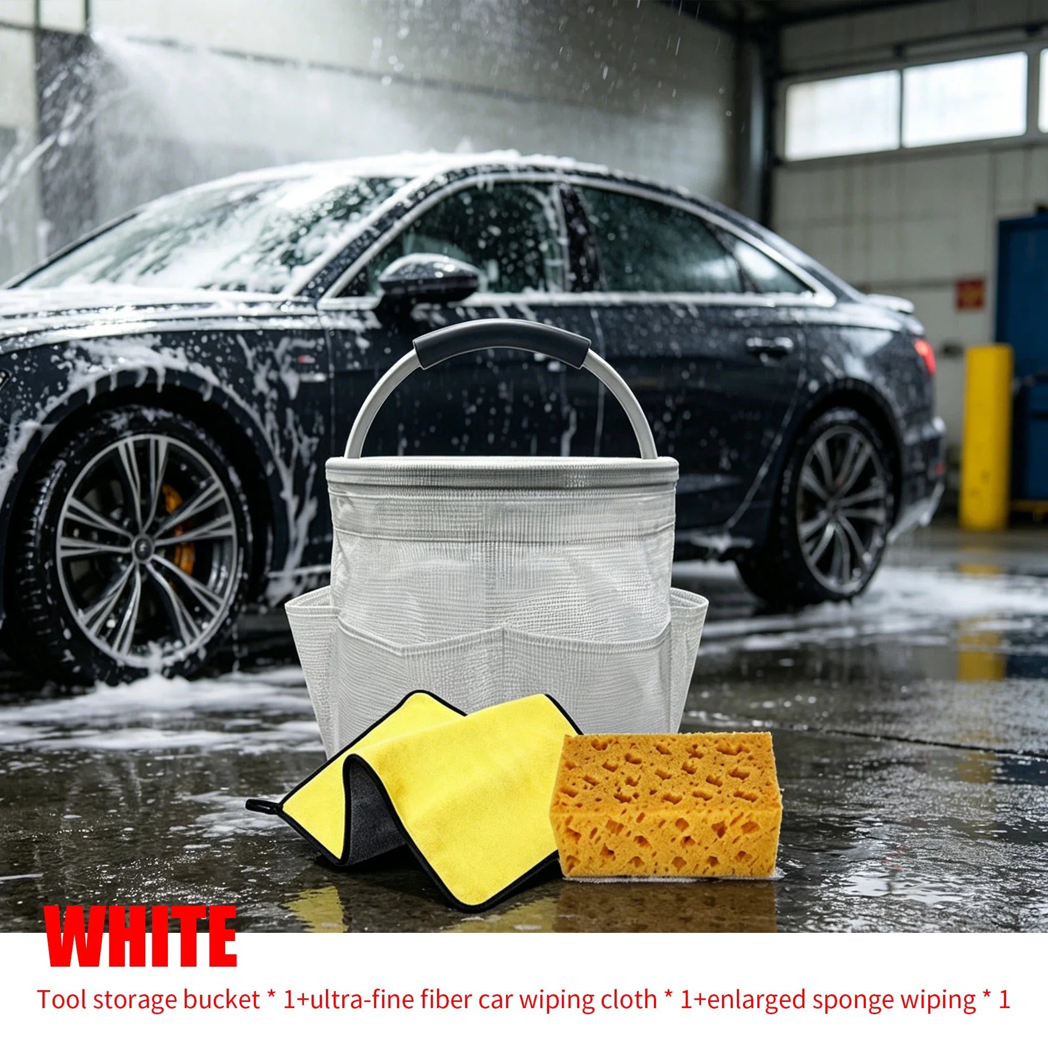 1Set Car Wash Kit: Foldable Tool Bucket, Thick Sponge Wipe, Microfiber Absorbent Towel, Household Auto Cleaning Accessory