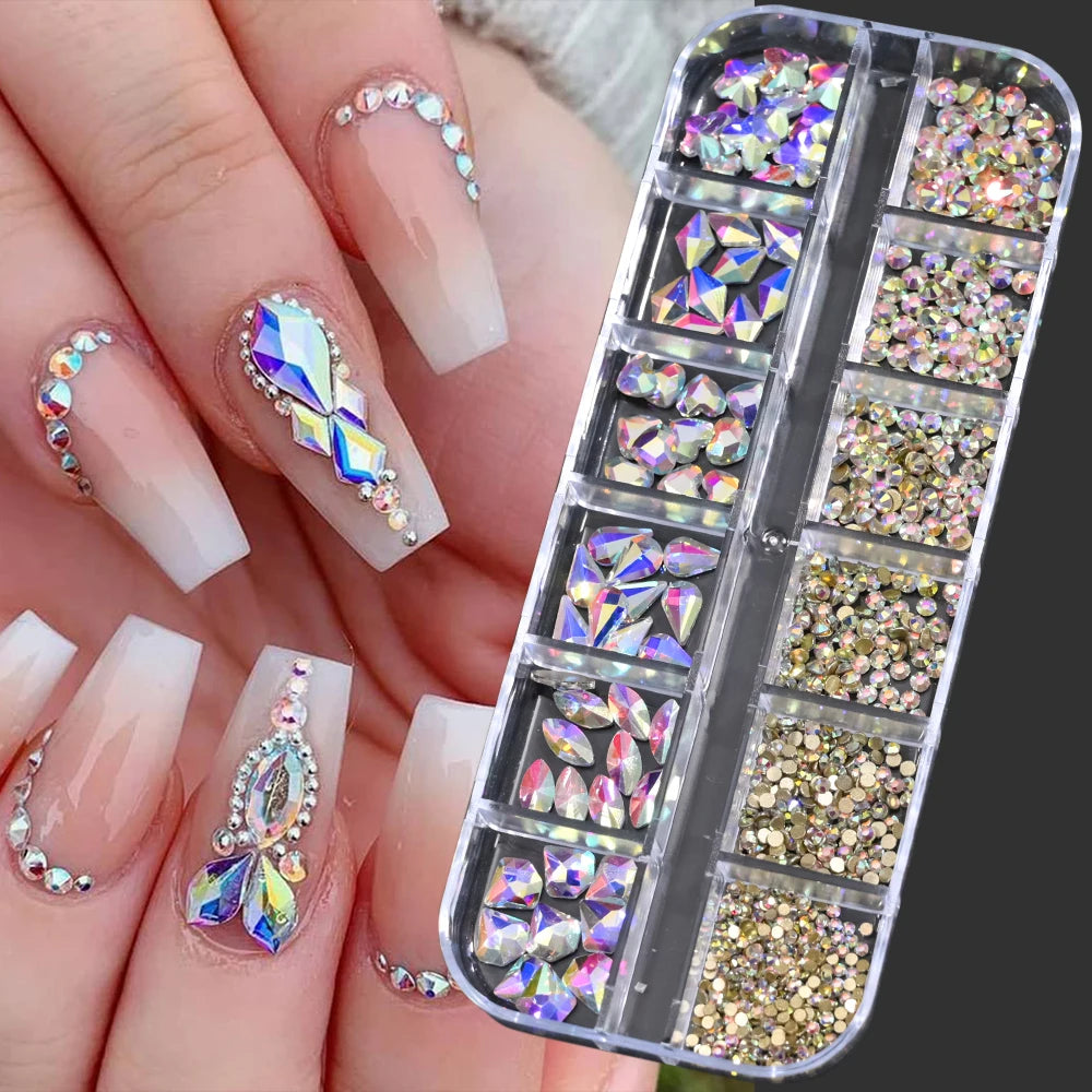 Nail Art Rhinestones Kit 2400pcs Nail Gems Ab Flatback Rhinestones Gems Stones with Storage Organizer for Design Bright Holiday