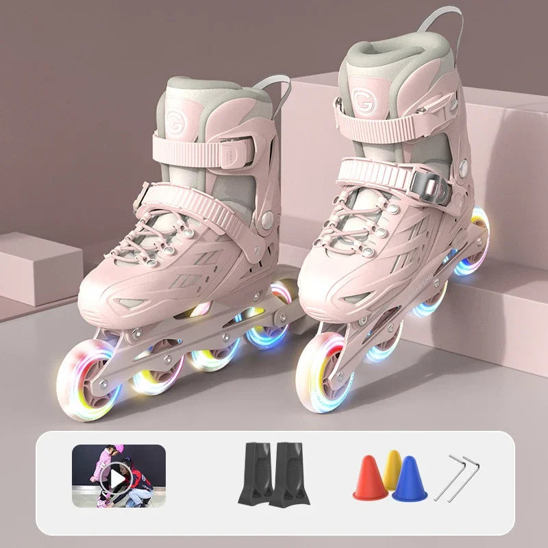 Inline Roller Skates With Helmet, Elbow And Knee Pads Shoe Bag Set Flash 4 Wheels Sneakers For Boys Girls Adjustable Skate Shoes
