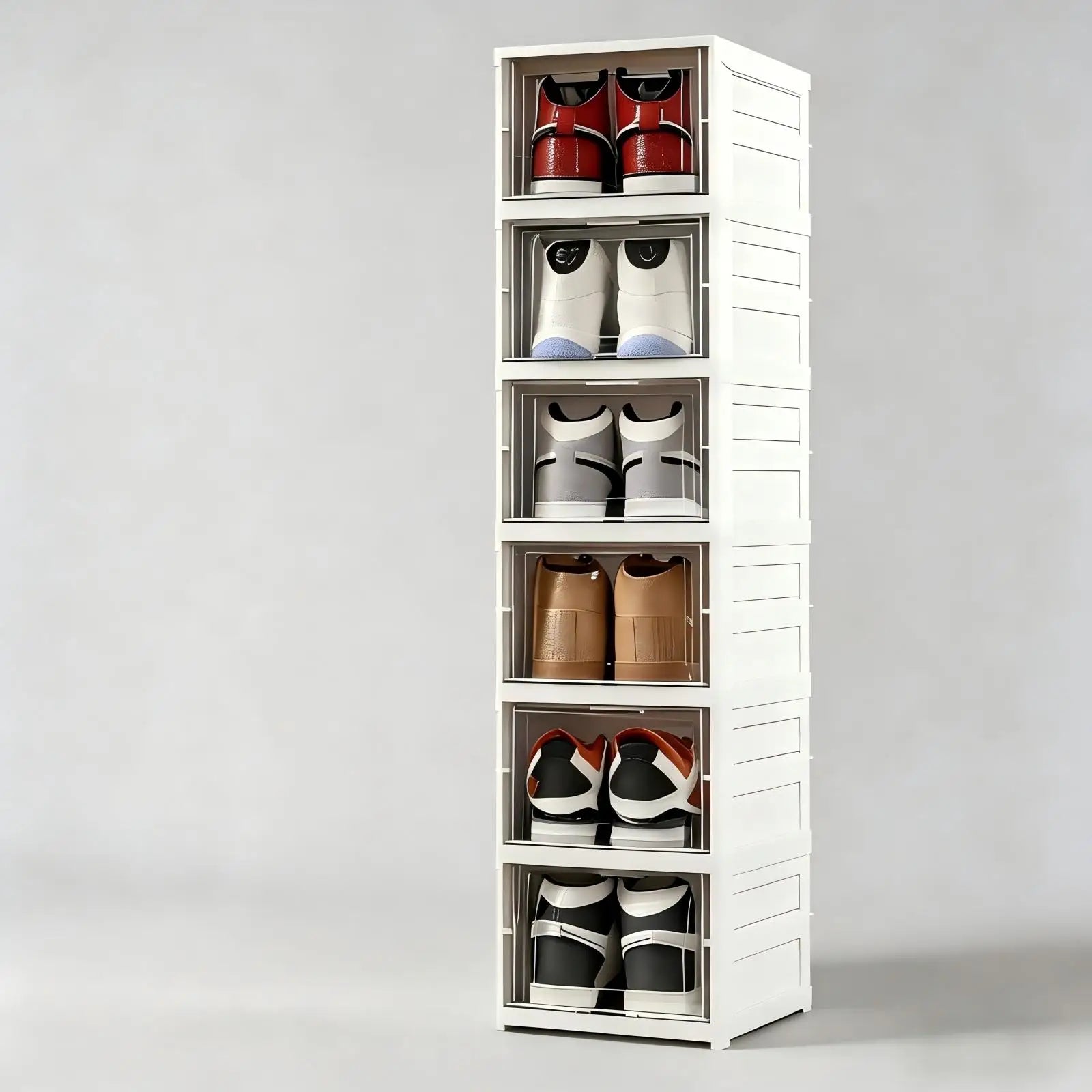 3/6 Tier Foldable Shoe Box, No Assembly Required Clear Stackable Shoe Cabinet Sneaker Storage Organizer Rack for Closet Entryway