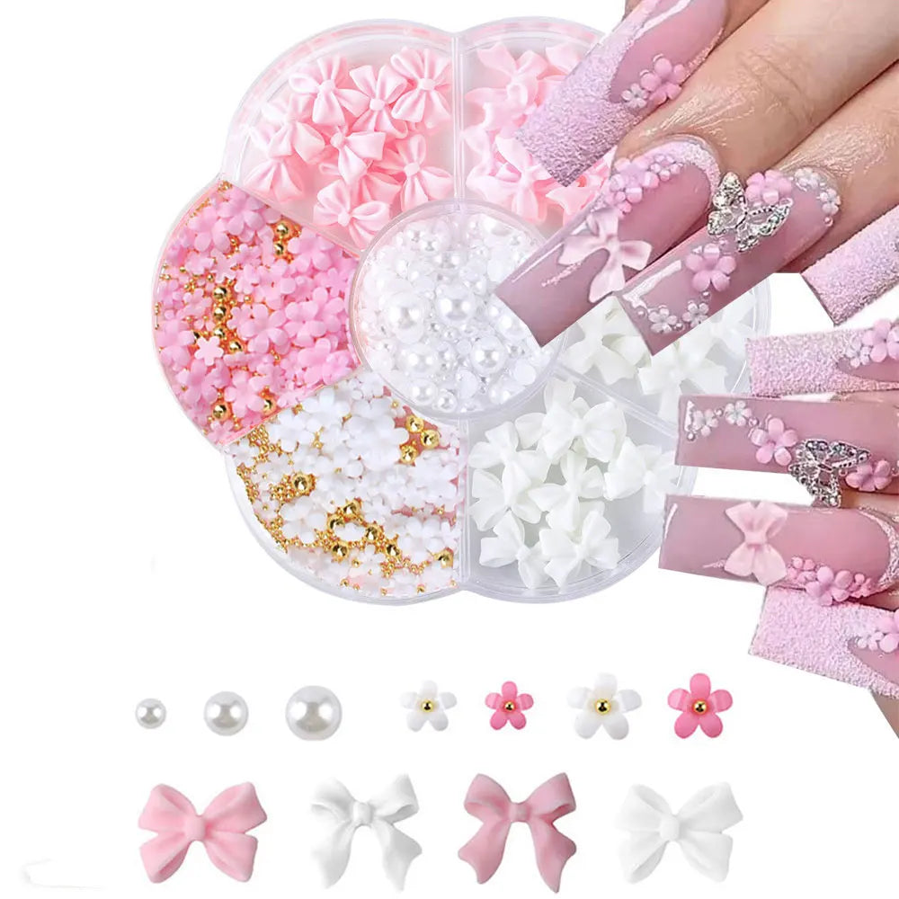 1box 3D Flower Bow Nail Art Decorations Kit Pink/White Acrylic Floral/Peal Beads Nail Charm with Wax Pen/Tweezer 4/6mm Nail Part
