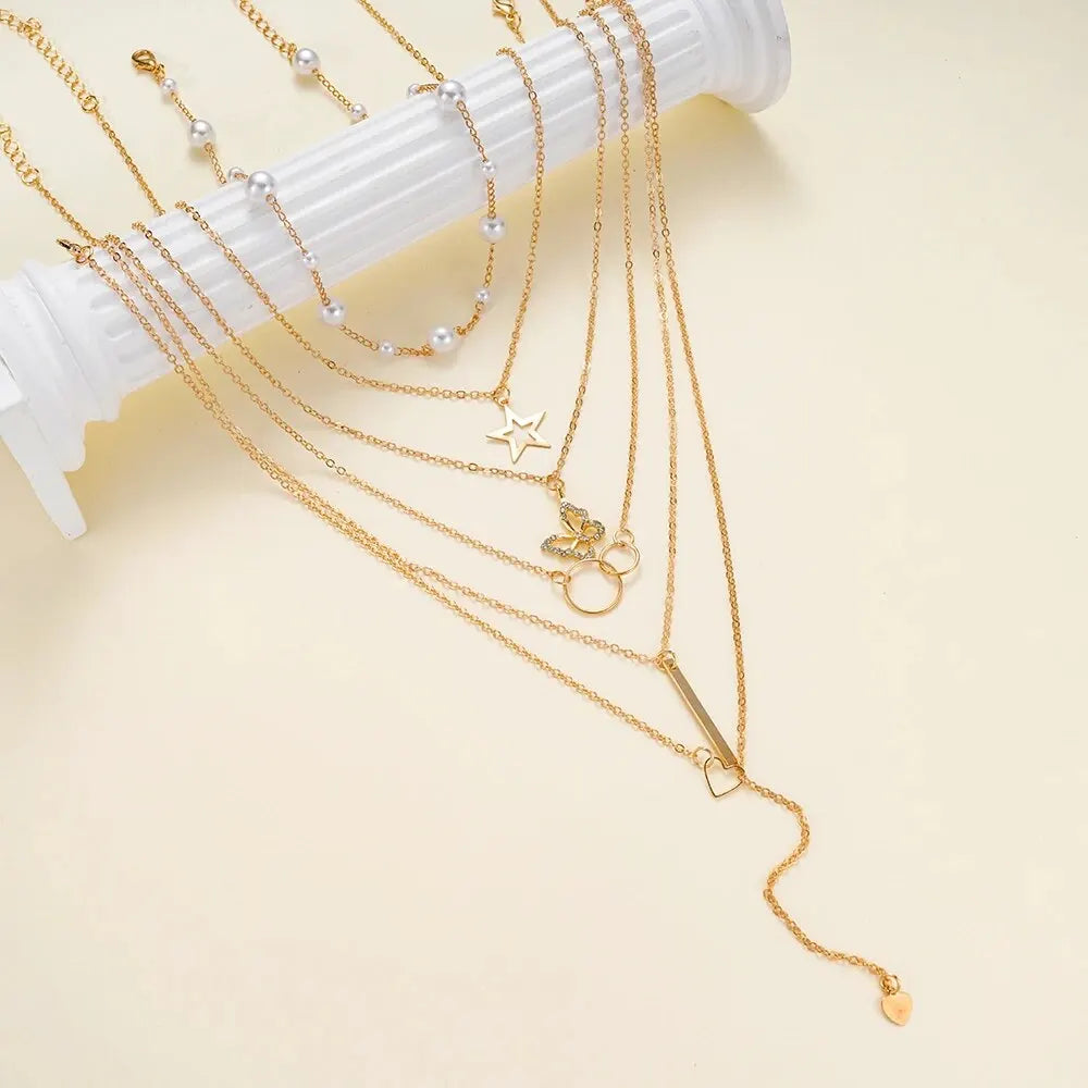 Ins Creative Personality Minority Suit Necklace Female Five-pointed Star Love Butterfly Pearl Necklace 5-piece Set
