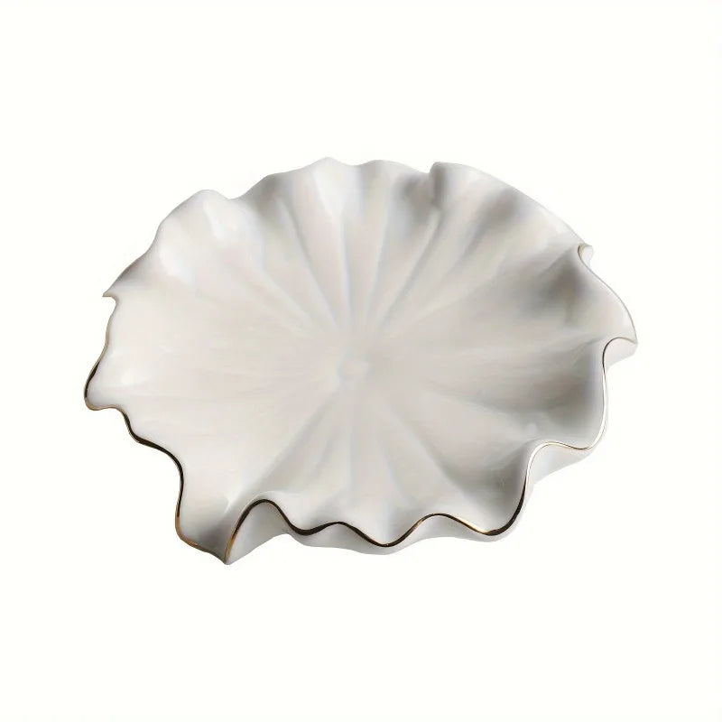 1pc Elegant White Ceramic Soap Dish with Golden Rim,Shell-Inspired Design, Round for Lotus Leaf Shape Holder