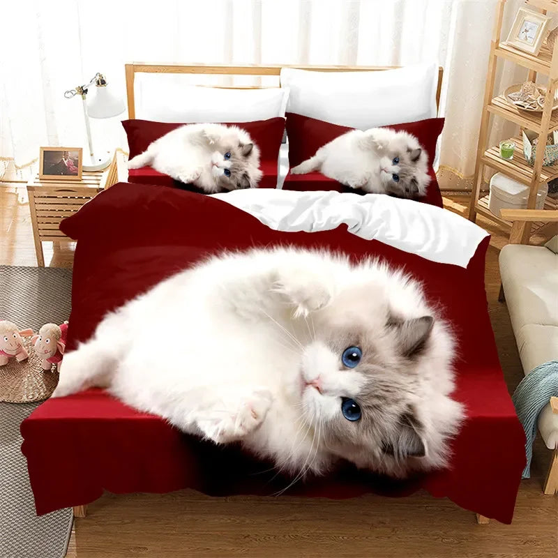 3D Cute Cat Print Bedding Set Lovely Animal Duvet Cover Microfiber Pet Quilt Cover With Pillowcases Twin Full For Kid Teen Girls