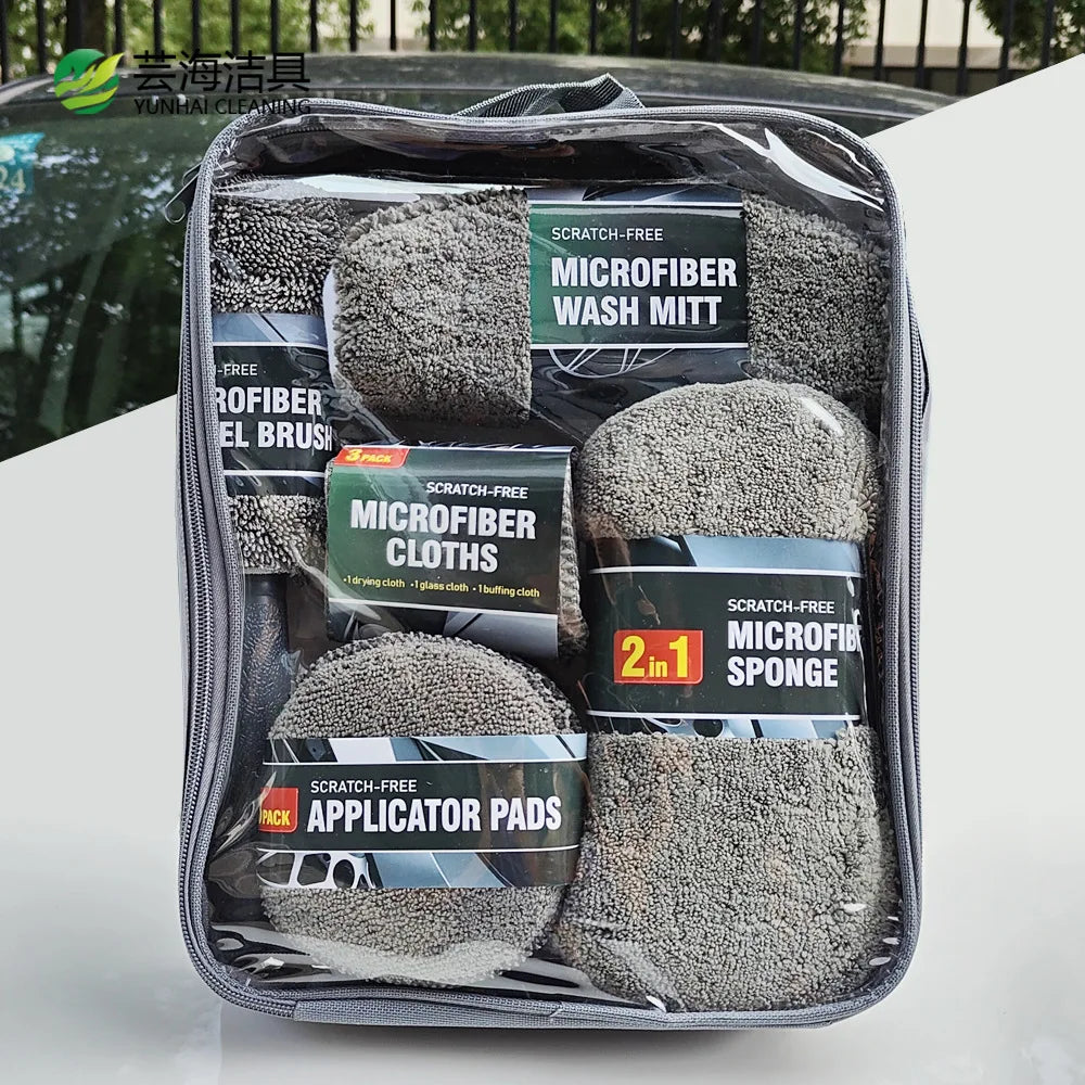 Car Wash 9-piece Set, Car Towel Home Car Beauty Cleaning Gloves Towel Rag Waxing Sponge Wheel Hub Brush