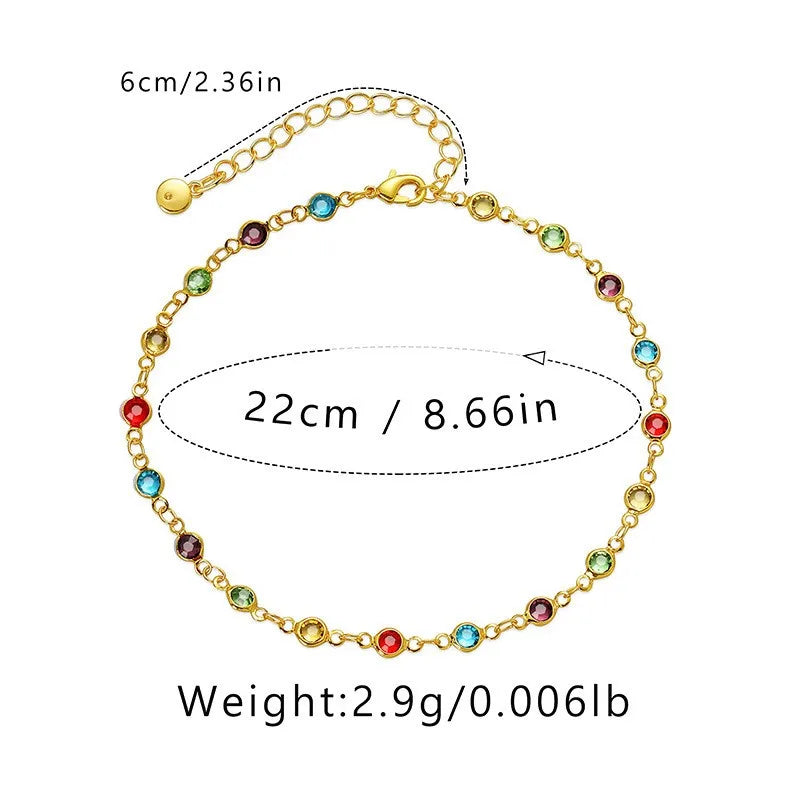 Gold Color Boho Rainbow Rhinestone Anklet for Women Summer Beach Beads Foot Chain Vocation Jewelry Gifts